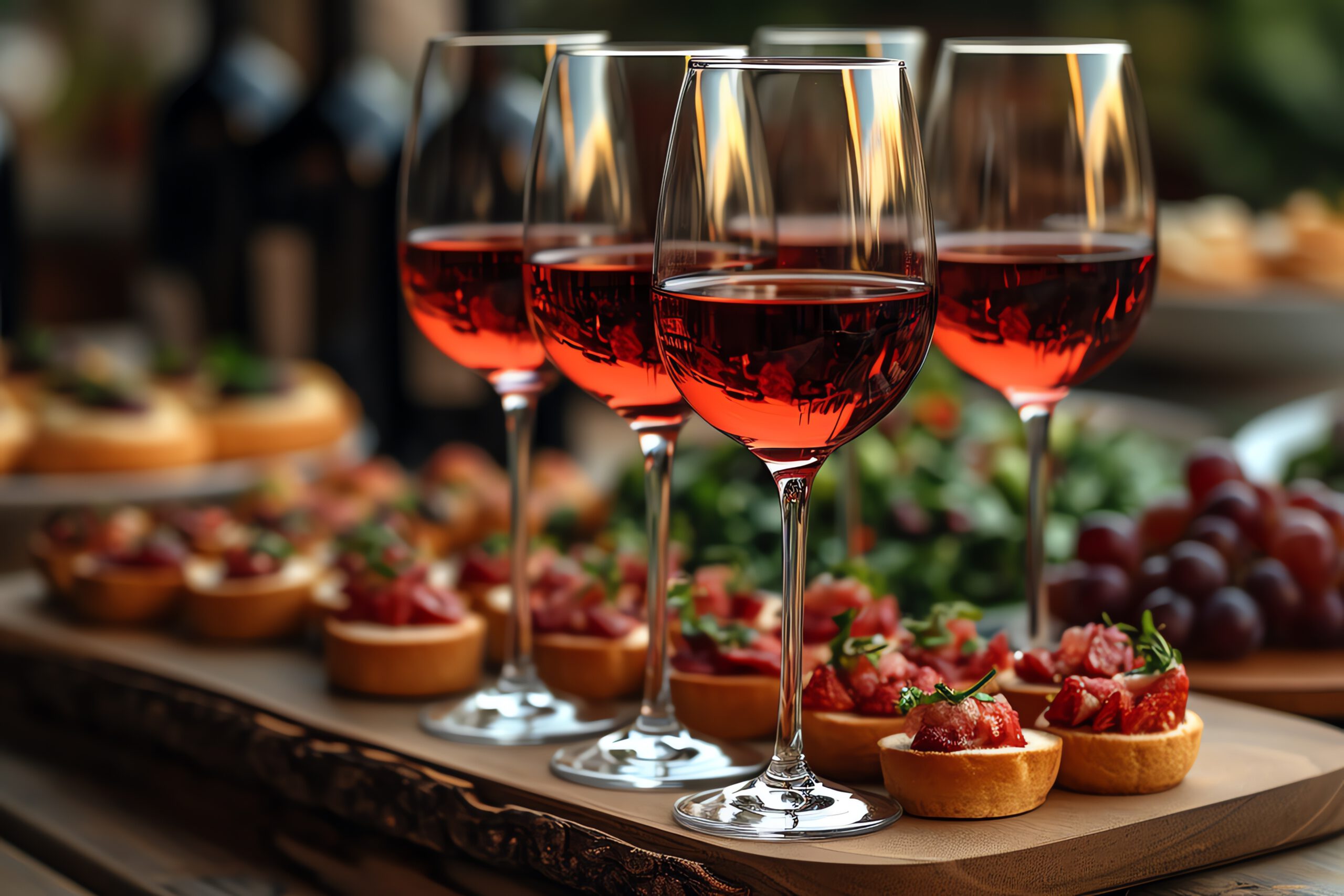 Wein und Tapas auf einem Holzbrett